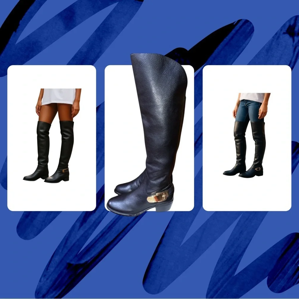 Vince Camuto Black Leather‎ knee High Bedina equestrian Boots. Block Heel…